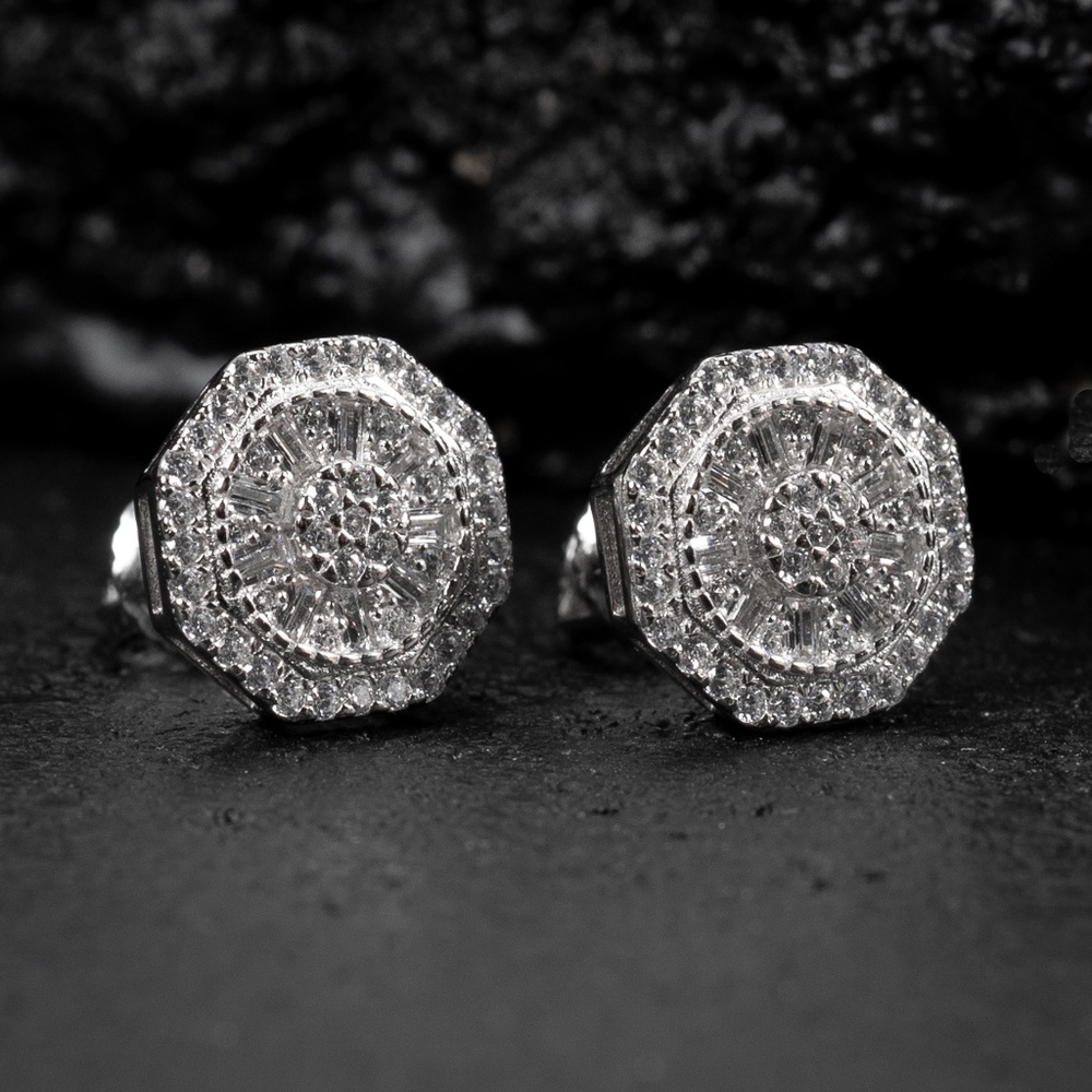 Octagon Shaped Mens White Gold Plated 925 Sterling Iced Cz Rock Stud Earrings